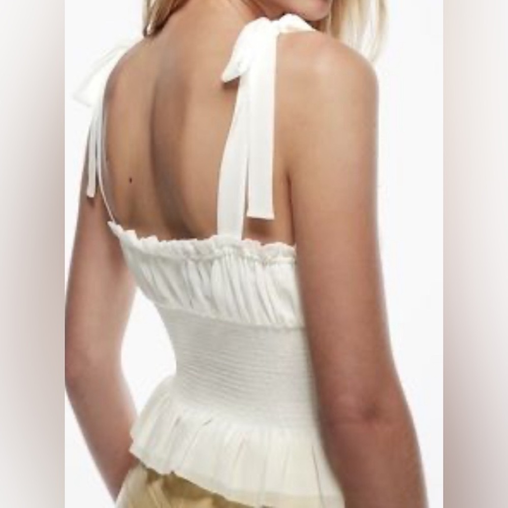 Aritzia Wilfred Ballad Smocked Linen Tie Strap Peplum Cami Top Size Medium - Picture 3 of 9